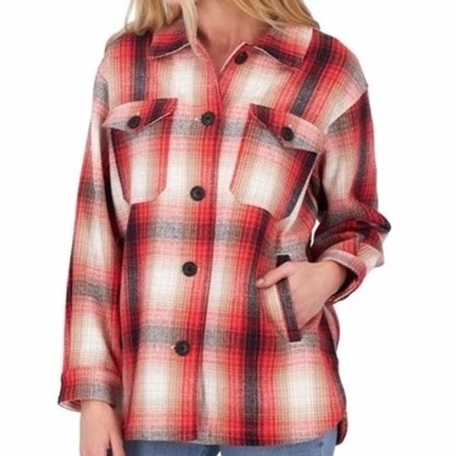 Lucky Brand Cotton Shacket Red Plaid Flannel Button Up Oversized Outdoorsy L